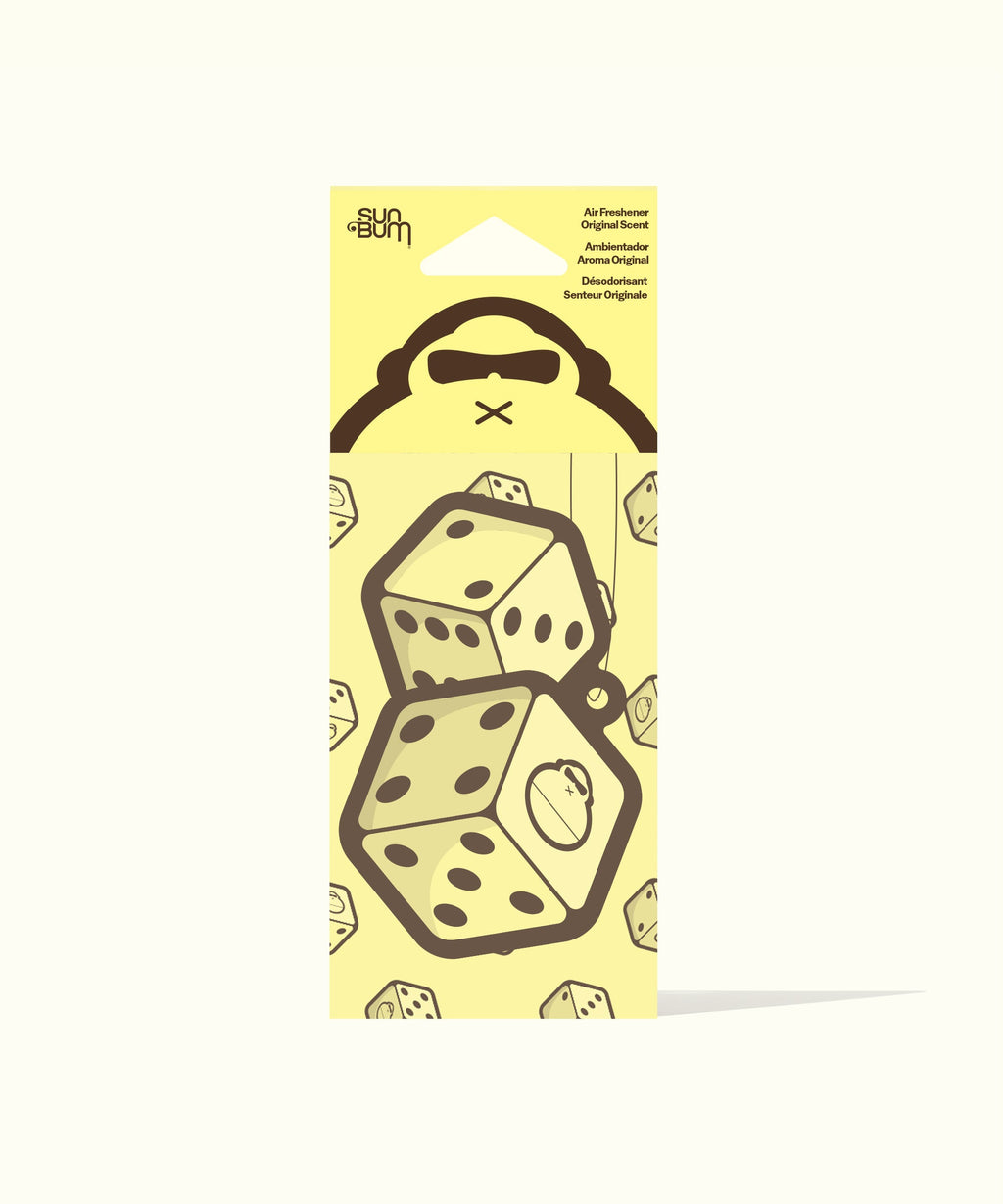 Pair-A-Dice Air Freshener by Sun Bum featuring a hanging dice design with a playful, sunny packaging background.