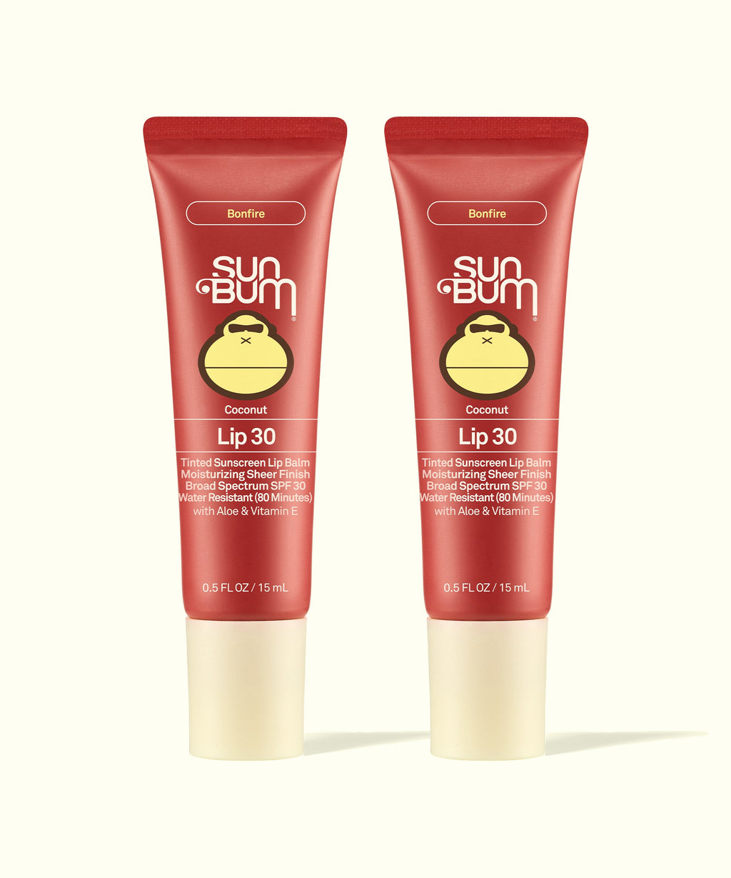 Two Sun Bum tinted lip balm tubes in Bonfire shade displayed side by side for Tinted Lip Duos product.