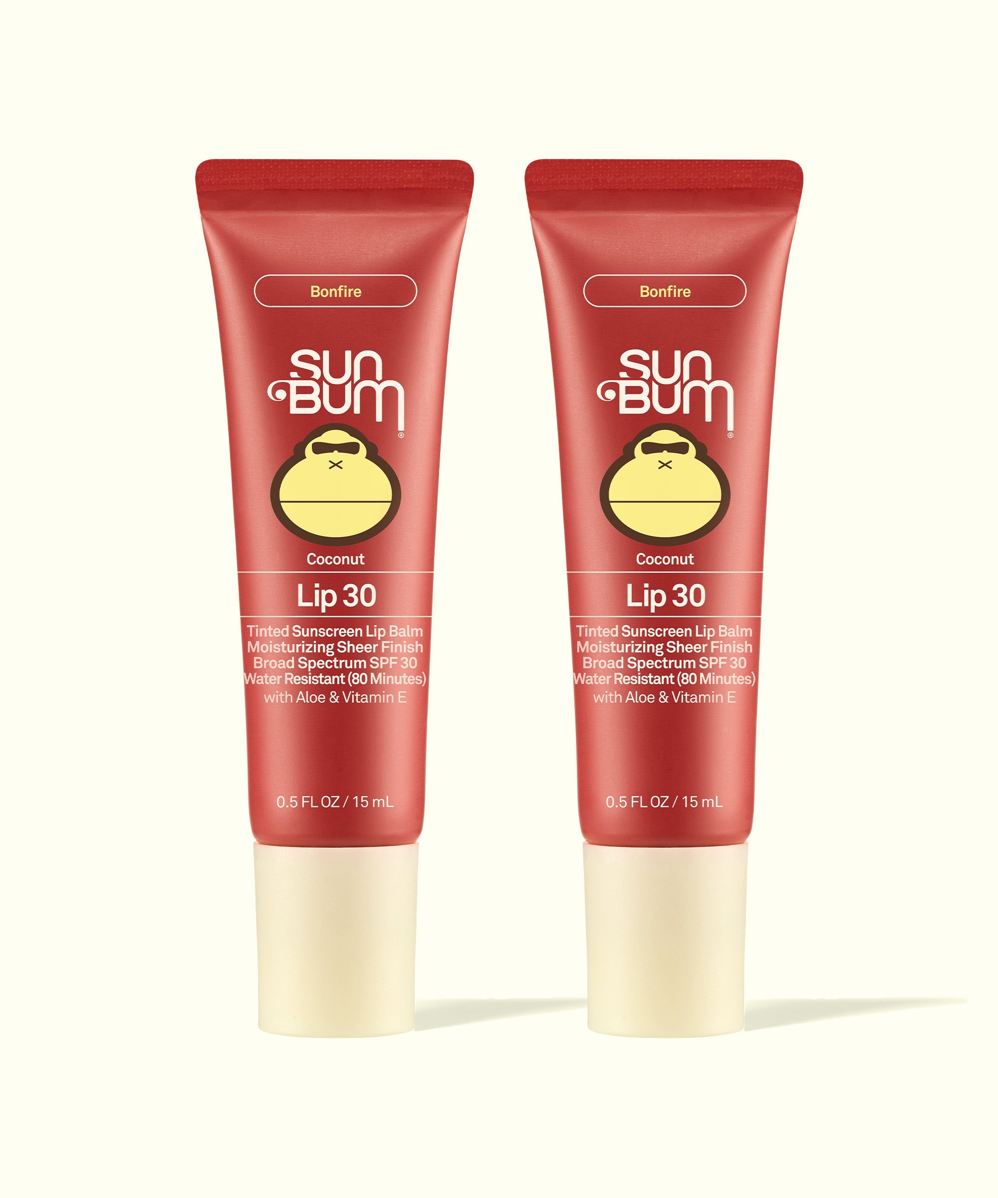 Two Sun Bum tinted lip balm tubes in Bonfire shade displayed side by side for Tinted Lip Duos product.
