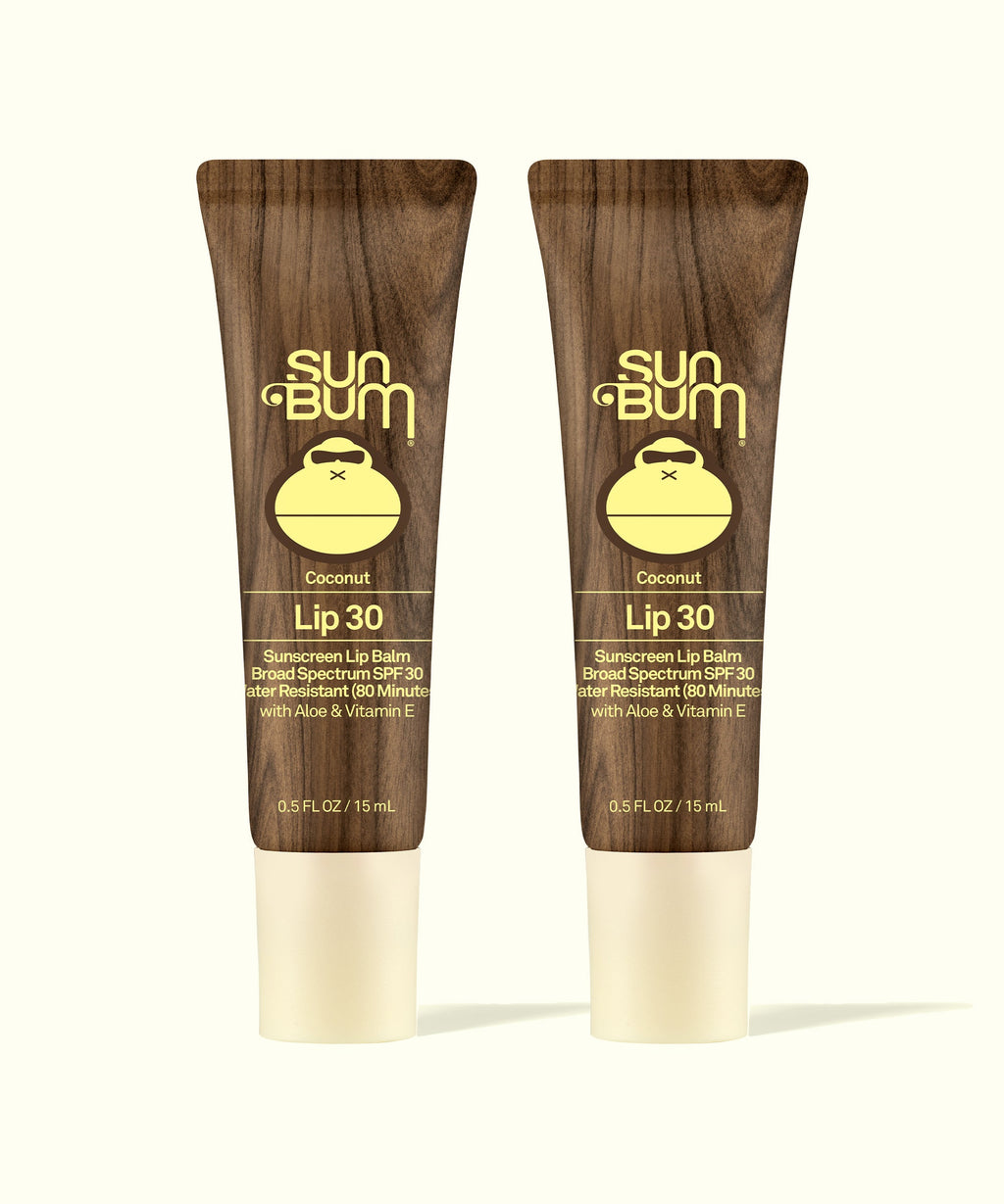 Two Sun Bum Lip 30 Duo: Clear + Clear coconut lip balms with SPF 30 in brown tubes on a white background