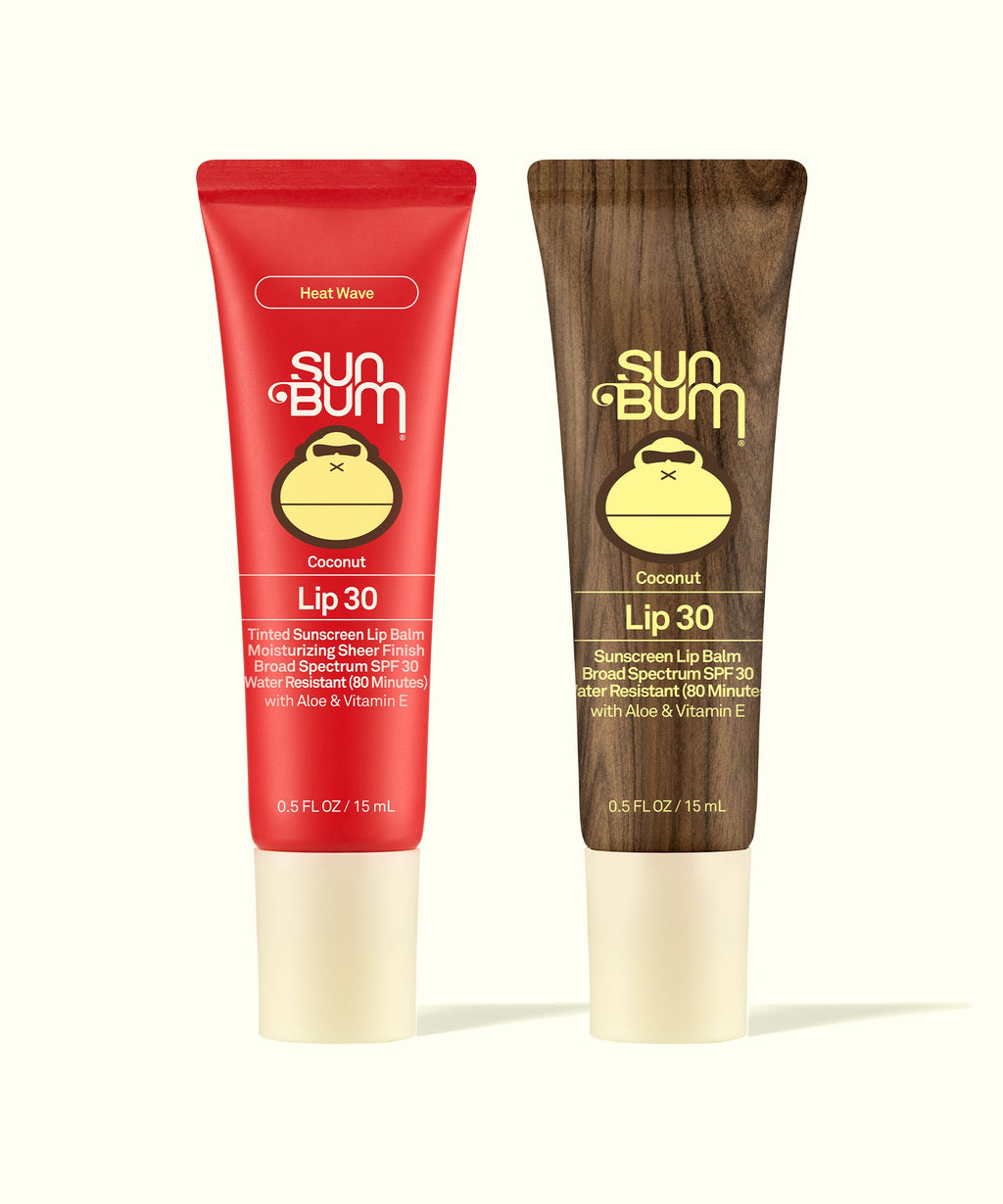 Sun Bum Tinted Lip Duos with SPF 30, featuring Heat Wave tinted balm and coconut clear balm tubes.