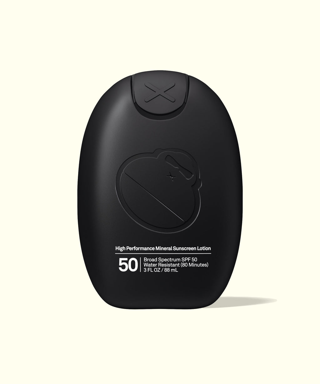 Black bottle of Sun Bum Signature SPF 50 Mineral Lotion with high performance mineral sunscreen, front view.