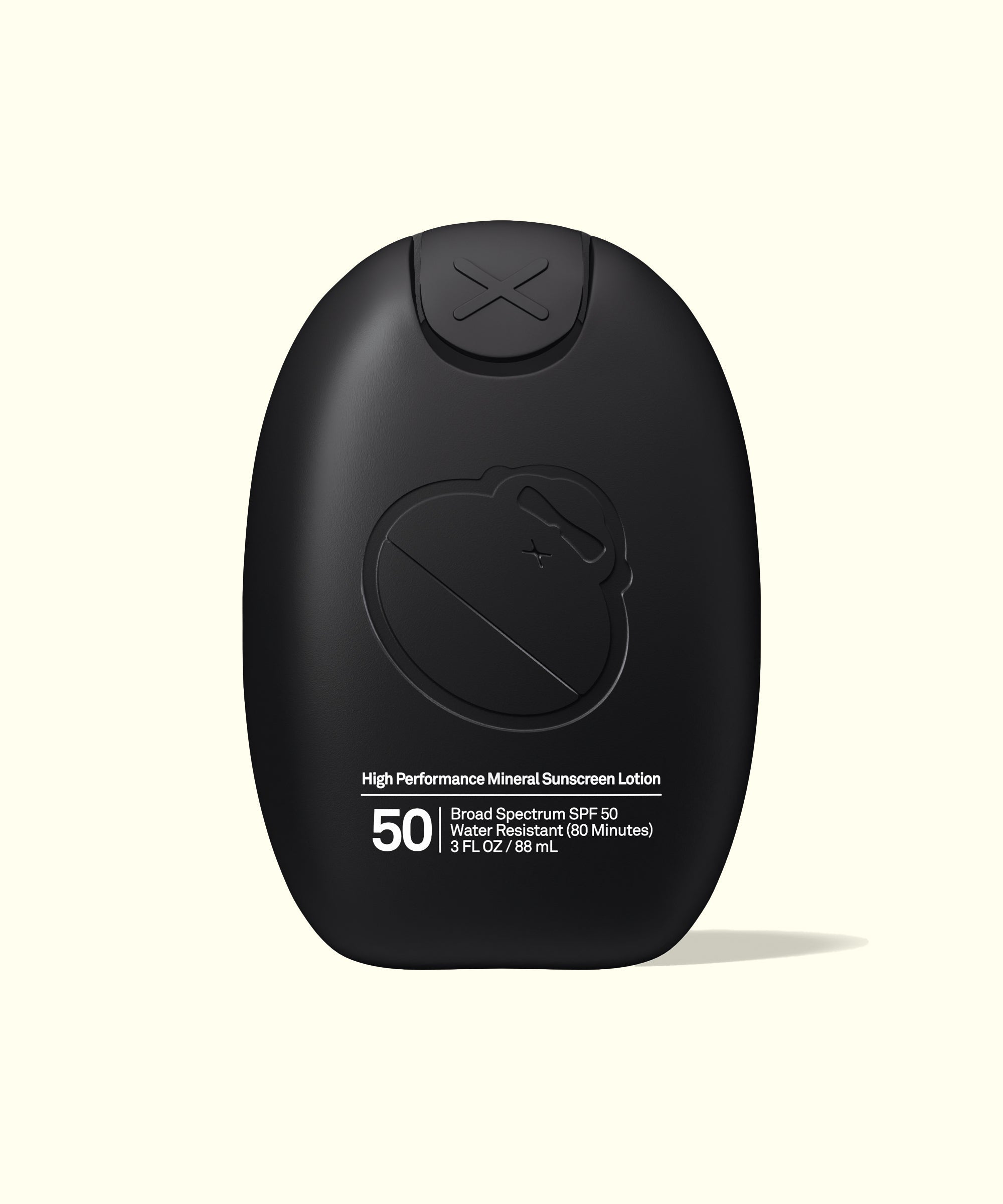 Black bottle of Sun Bum Signature SPF 50 Mineral Lotion with high performance mineral sunscreen, front view.