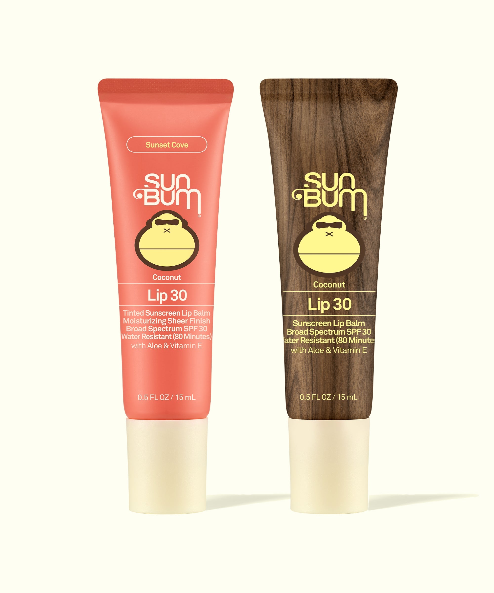 Sun Bum Tinted Lip Duos in Coconut with SPF 30, one tinted coral and one clear in wood-inspired packaging.