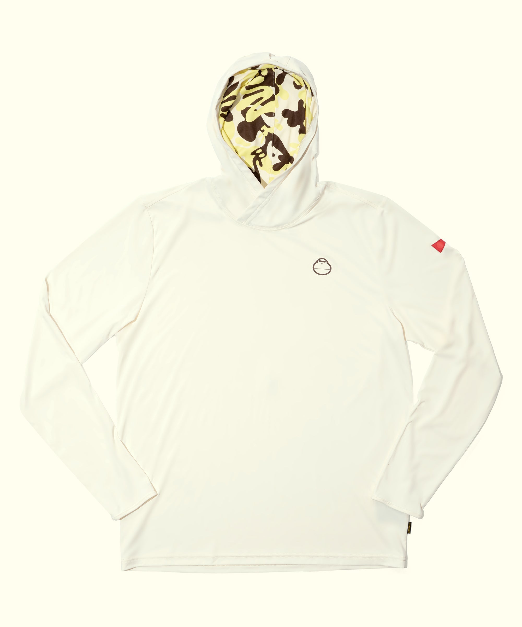 Sun Bum X Florence Adapt UPF Shirt in white with a patterned yellow and brown hood lining, featuring a small logo on the chest