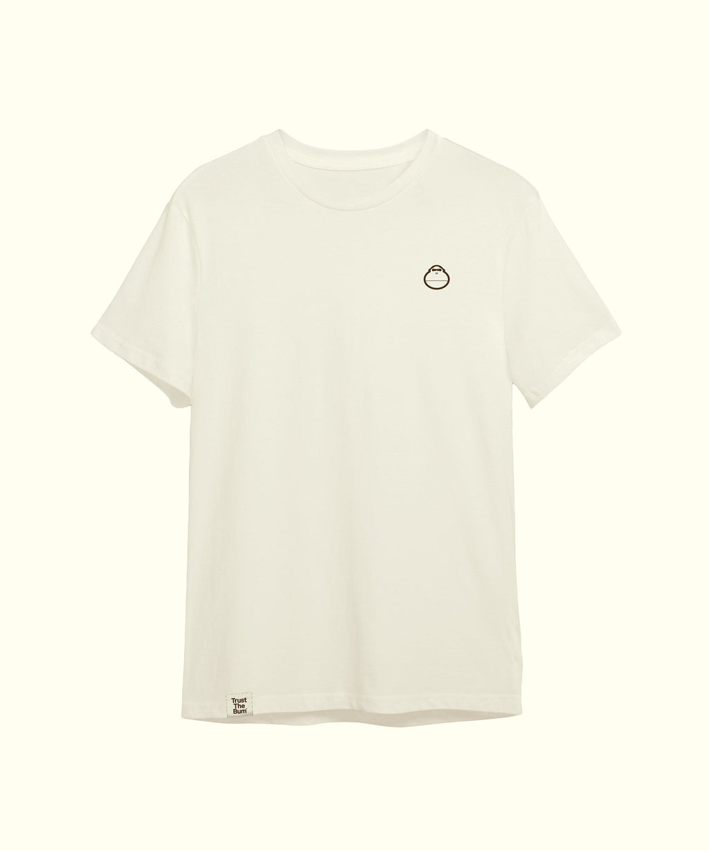 Plain white tee with a small mascot logo on the front, perfect for casual wear. Sun Bum