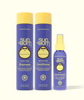 Sun Bum Blonde Hair Care Bundle with purple shampoo, conditioner, and tone enhancer for blonde hair care.
