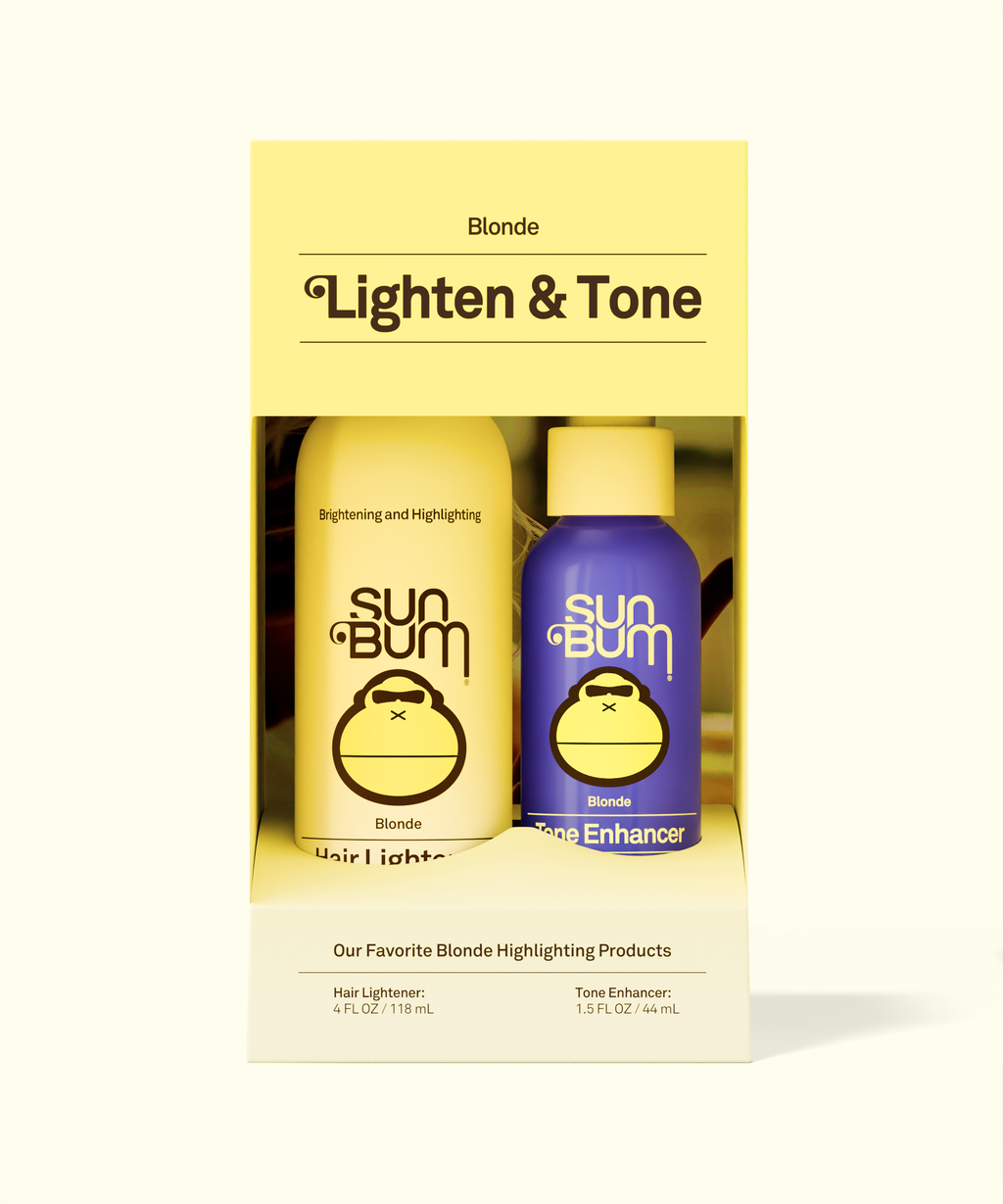 Sun Bum Blonde Lighten & Tone hair care product set with packaging on a white background