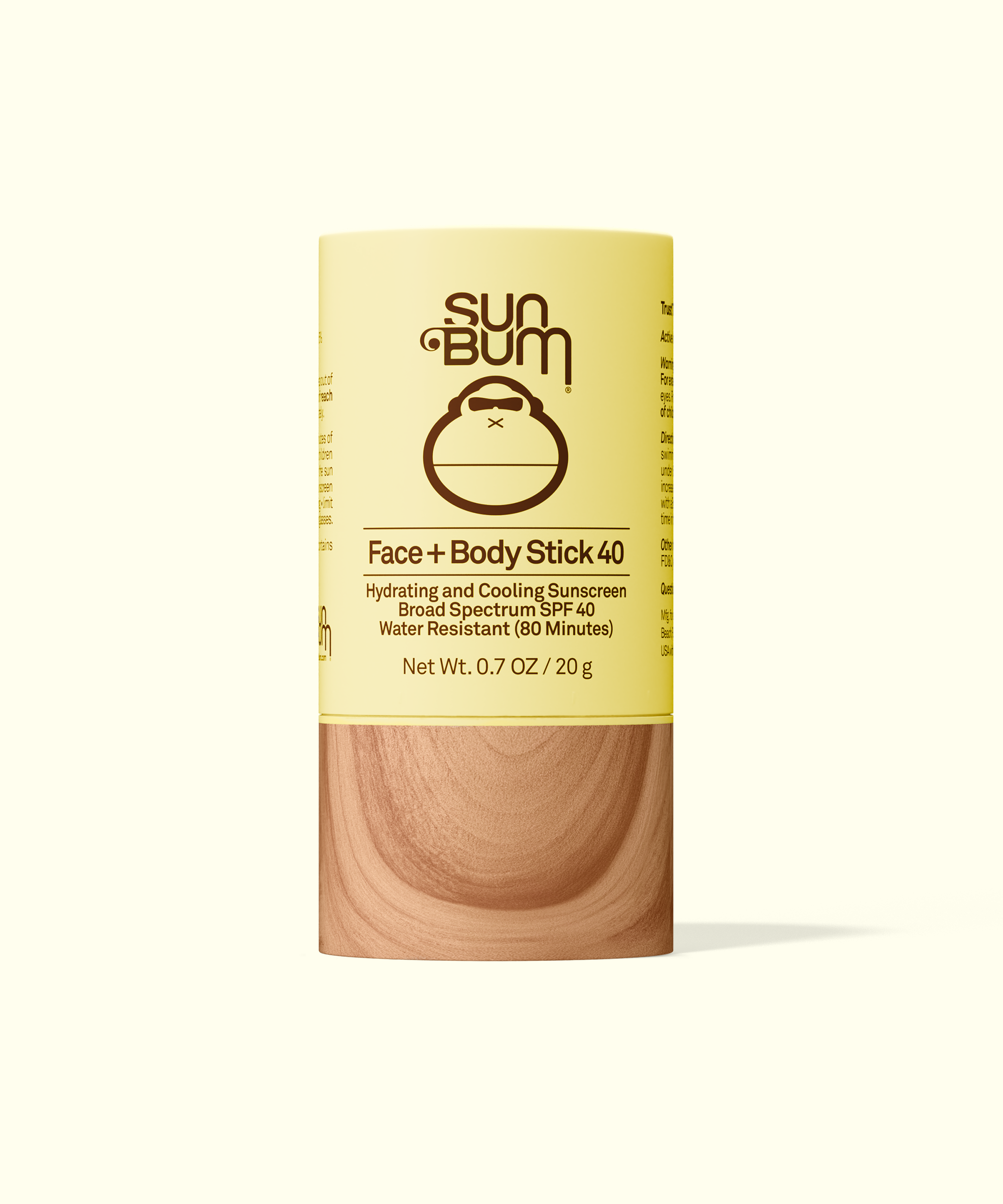 Sun Bum Original Face hydrating and cooling sunscreen stick with SPF 40 in yellow and wood-tone packaging