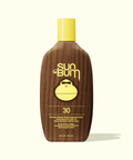 Sun Bum Original moisturizing sunscreen lotion SPF 30 with yellow cap in wood-textured bottle