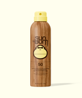 Wooden sunscreen bottle with yellow cap and 'Sun Bum' branding on a white background