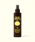 Sun Bum SPF 15 Sunscreen Tanning Oil in a brown spray bottle with yellow logo and text on white background